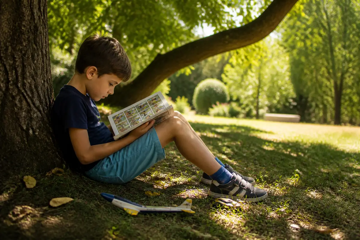 Enfant lisant une bande dessinée jeunesse pour 8 ans sous un arbre dans un parc