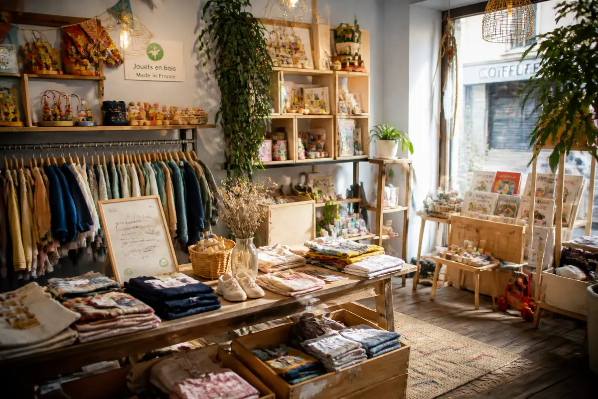Boutique Emeu Kidstore avec vêtements et jouets en bois, ambiance chaleureuse et naturelle