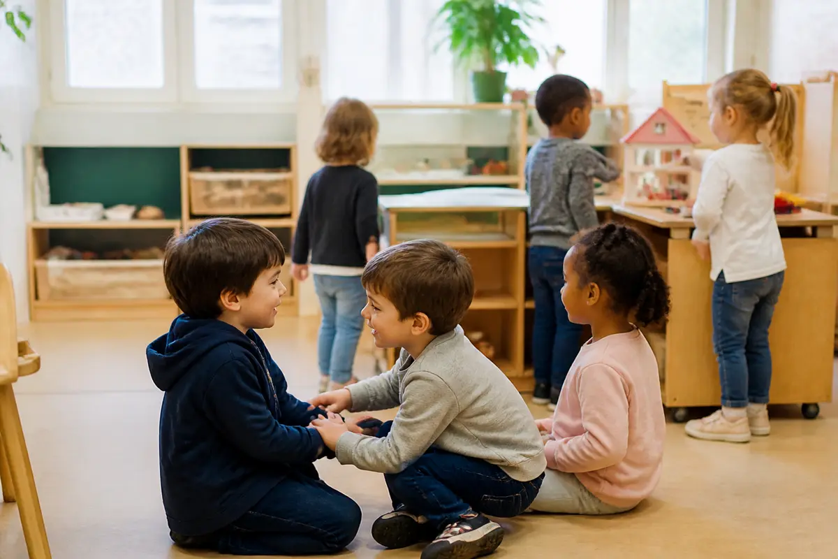 Des enfants jouent et socialisent dans une evars maternelle colorée et accueillante.