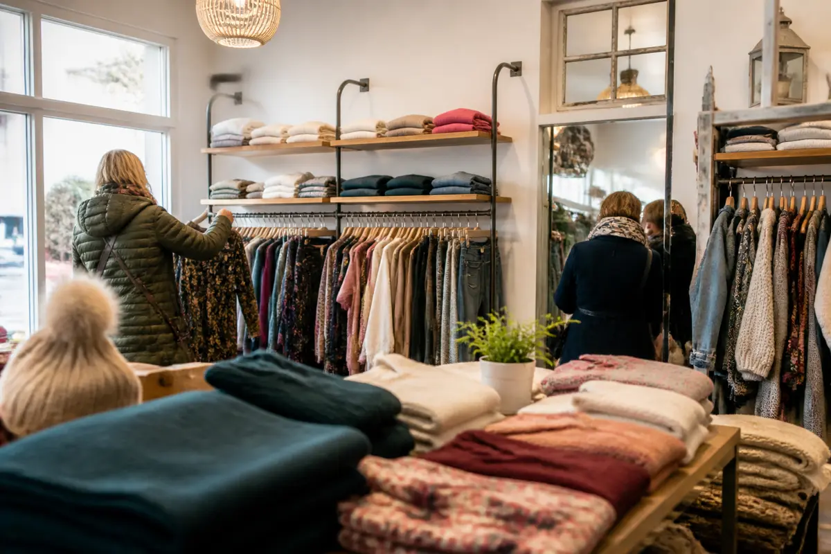 Magasin de vêtements avec étagères organisées et femme examinant des articles grâce à tout.