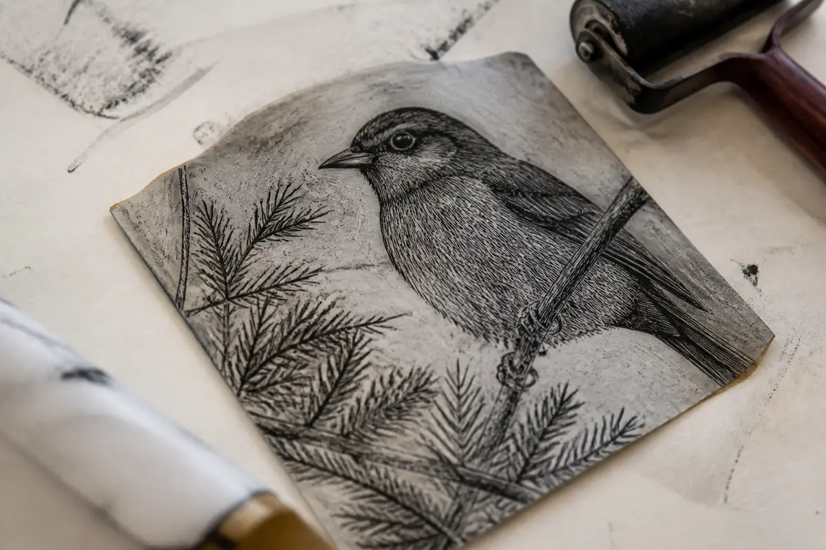 Gravure sur tetrapak d'un oiseau sur branche avec rouleau encreur à côté