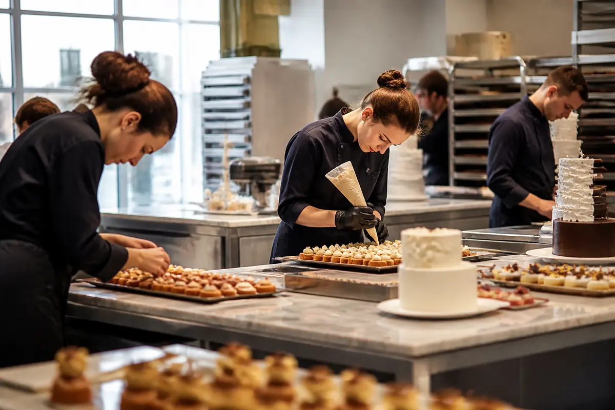Cuisiniers décorant des pâtisseries à l'atelier MK avec précision et créativité artisanale