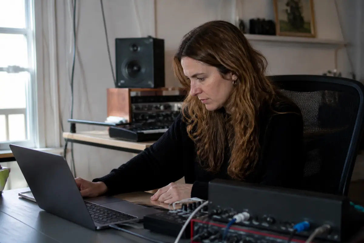 Femme concentrée travaillant sur ordinateur portable dans un studio de musique avec Marie Mounier