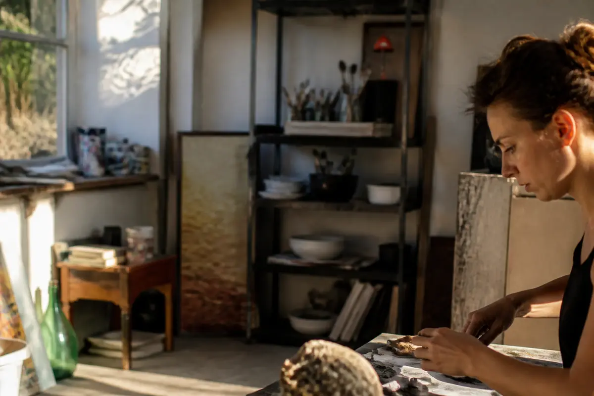 Femme artiste Marie Pascale travaillant dans son atelier avec des outils de création artistique