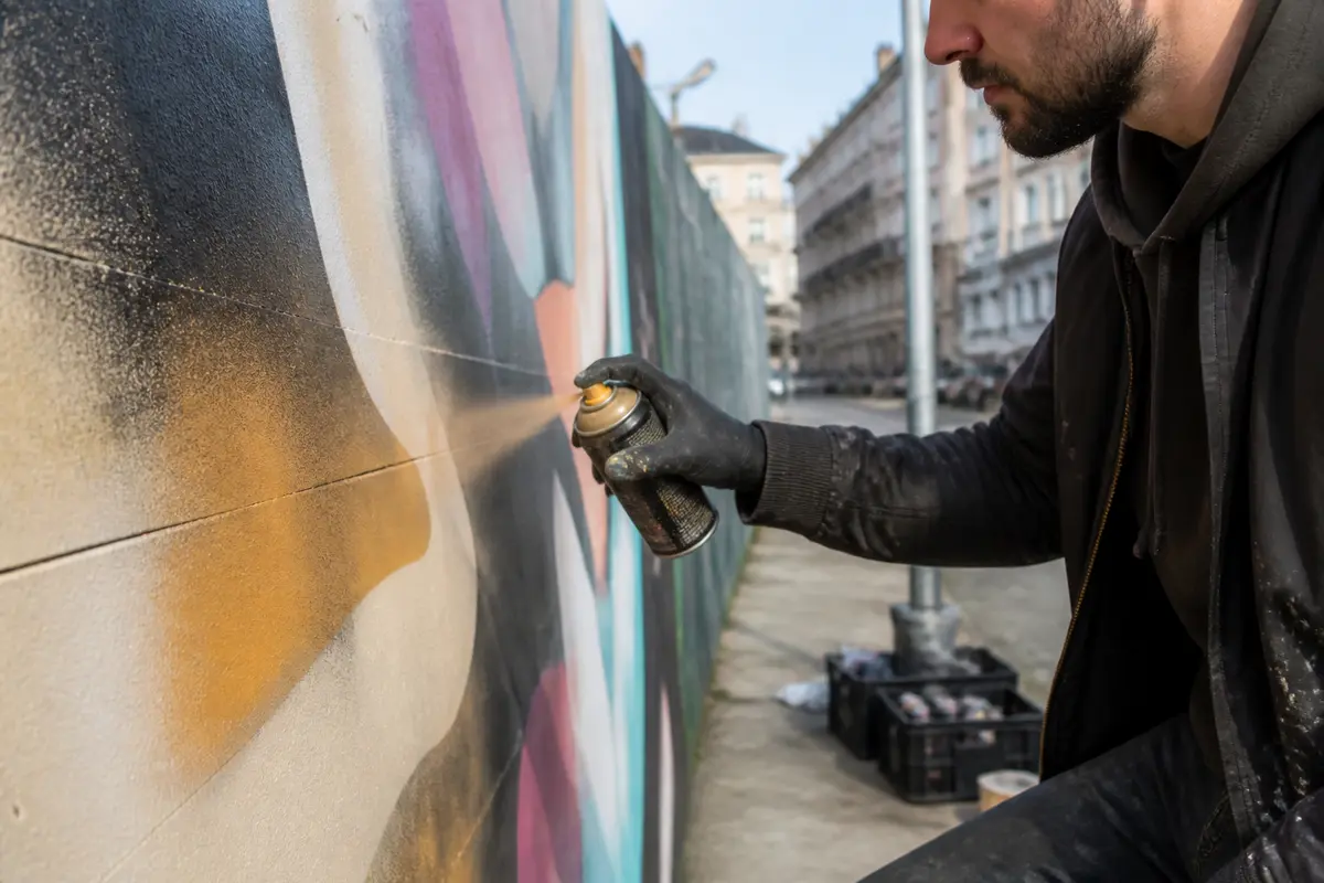 Artiste réalisant une peinture au pochoir sur mur urbain avec bombe aérosol colorée