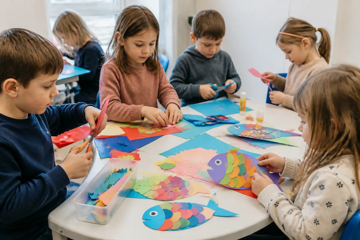Enfants réalisant des bricolages de poissons colorés pour le 1er avril dans un atelier lumineux
