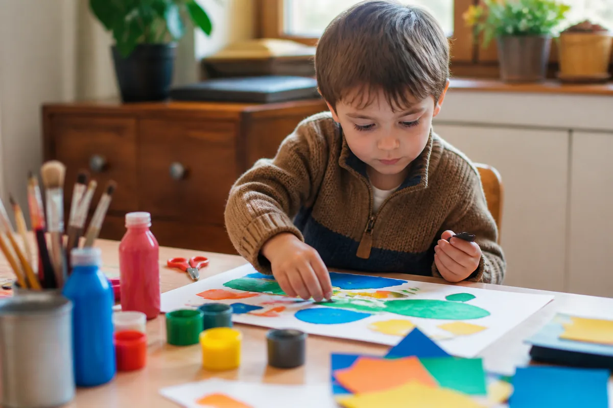 Enfant réalisant une activité créative manuelle colorée avec matériel simple sur une table en bois